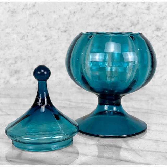 MidCentury Empoli Italian Turquoise Blue Art Glass Compote Jar W/ Lid