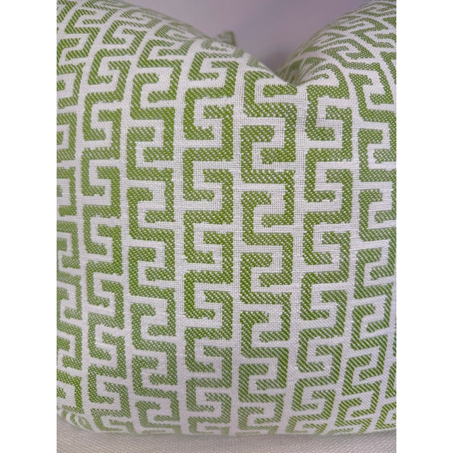 Custom pair of 22" pillows covered in Thibaut "Merritt" indoor/outdoor fabric in color spring. These pillows have tapered...