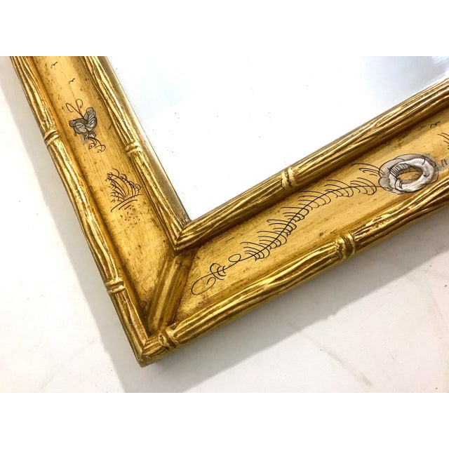La Barge Vintage Chinoiserie Rectangular Faux Bamboo Gilt La Barge Style Wall Mirror, Miniature Hand Painted Figures & Landscapes For Sale - Image 4 of 8