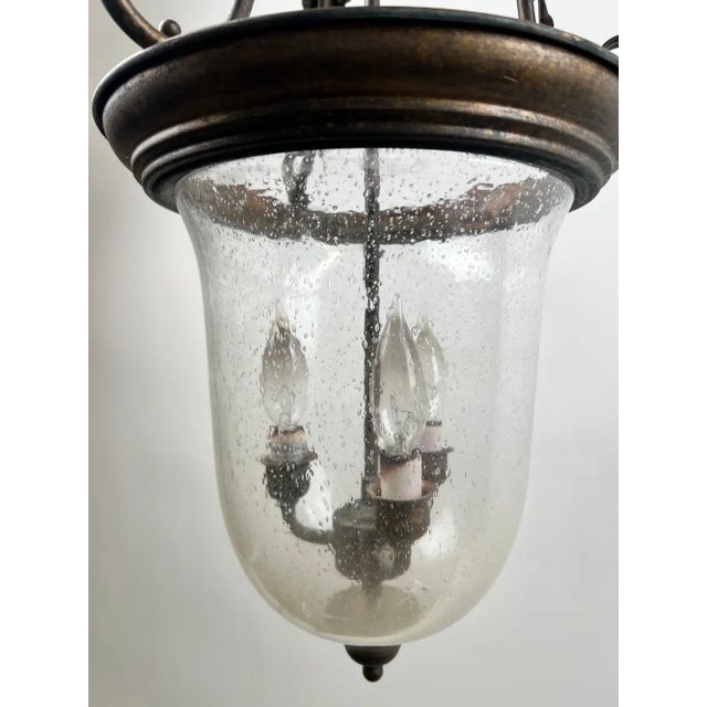 Traditional French Regency Style Bell Jar Pendant With Seeded Glass and Acanthus Leaf Bronze For Sale - Image 3 of 13