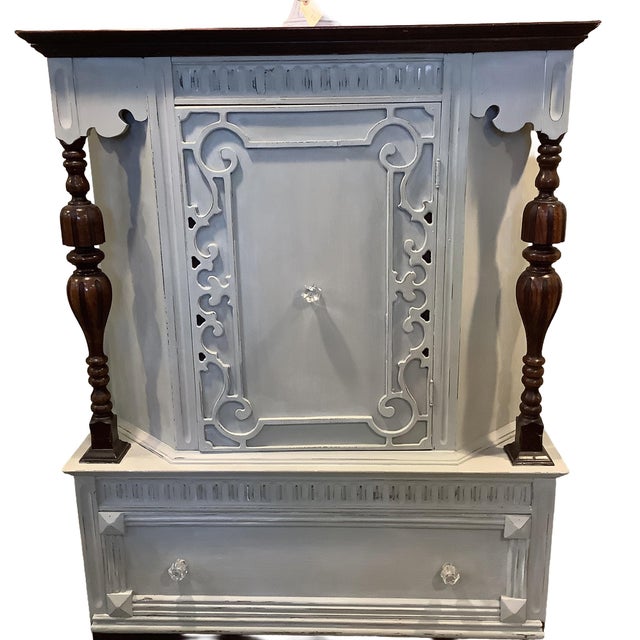 1950s Vintage China Cabinet Painted Gray W Natural Dark Wood Carvings Interior Storage Scandinavian Design For Sale - Image 5 of 12