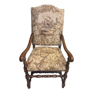 EuroAntique English Manor Style Oak Armchair With Stag Tapestry Upholstery For Sale
