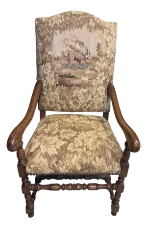 EuroAntique English Manor Style Oak Armchair With Stag Tapestry Upholstery