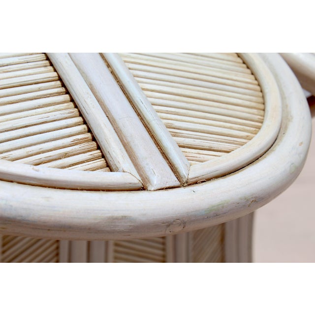 Vintage Hollywood Regency Style Flower Pencil Reed Rattan Pedestal Dining Table With Oval Glass Top For Sale - Image 16 of 18
