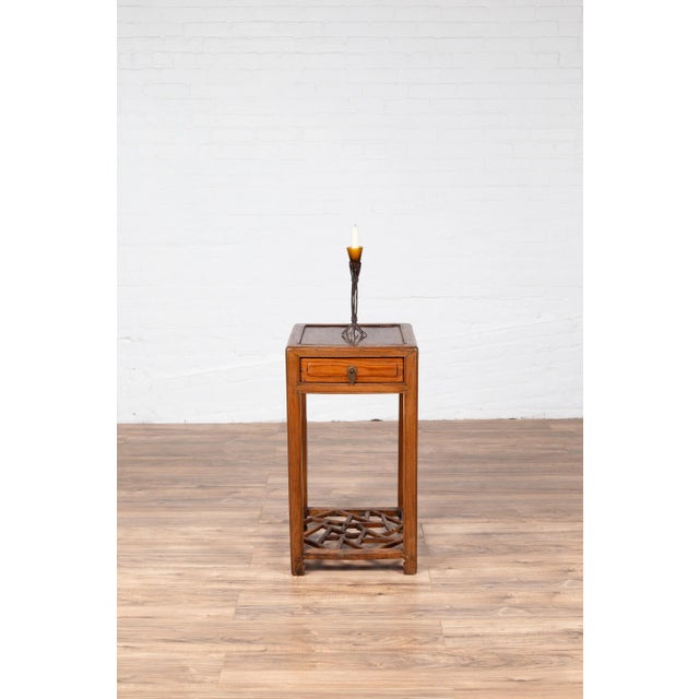 Brown Chinese Vintage Elmwood Lamp Table With Single Drawer and Cracked Ice Shelf For Sale - Image 8 of 13