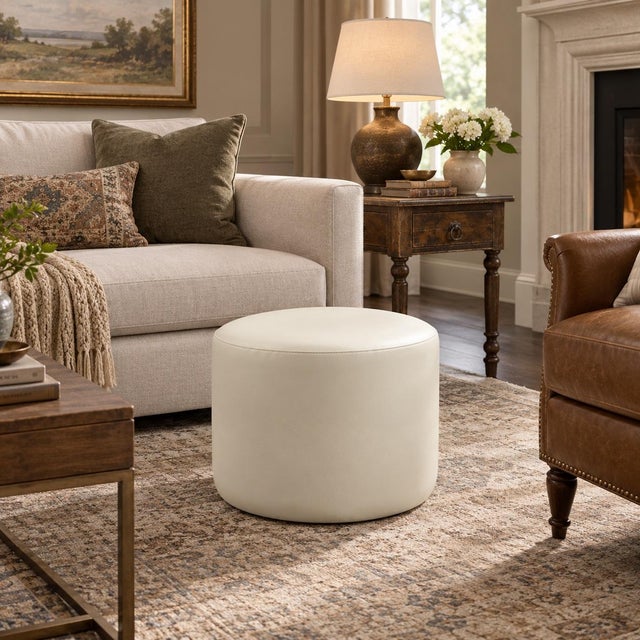 New Round Cream Italian Leather Ottoman Made in Usa 21 Inch Diameter Footstool Accent Decor For Sale - Image 4 of 8
