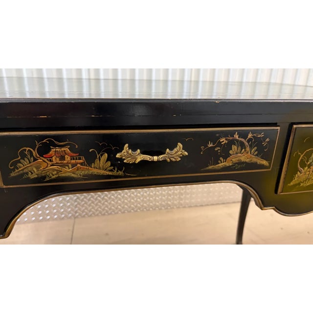 This is a beautiful vintage Chinoiserie 3 drawer desk. It has hand painted Asian detailing all the way around so it can be...