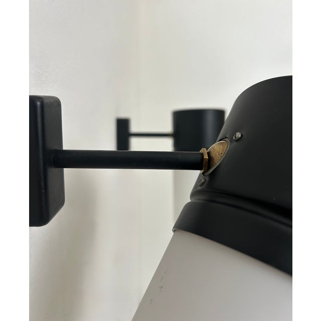 Vintage Matte Black Metal and Opaline Glass Adjustable Wall Lights, France, 1950, Set of 2 For Sale - Image 4 of 8