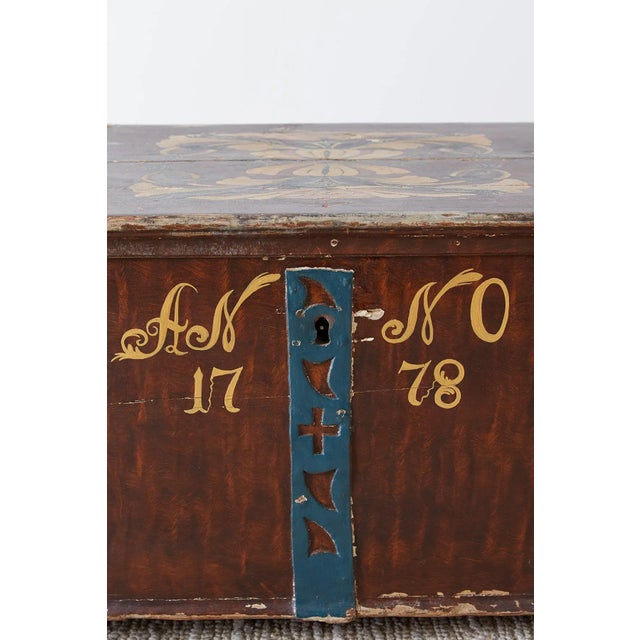 Coffee 18th Century Swiss Polychrome Decorated Blanket Chest Trunk For Sale - Image 8 of 13