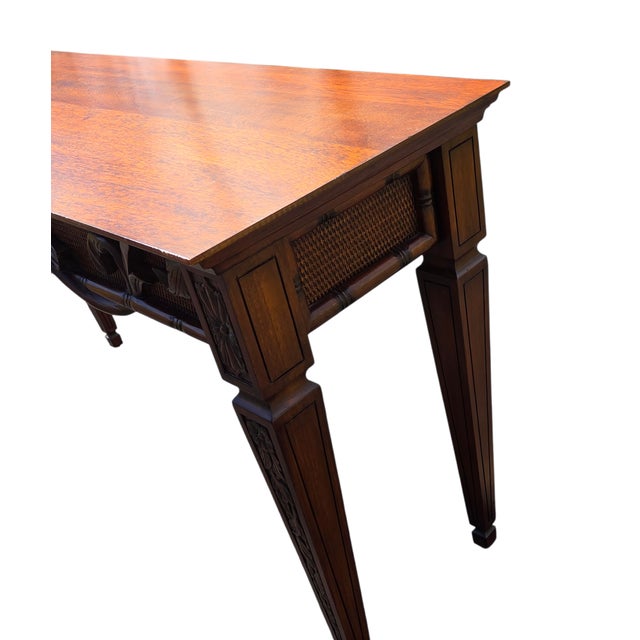 1990s Ethan Allen Mahogany Carved French Regency Sofa Hall Table Console Woven Cane For Sale - Image 11 of 18