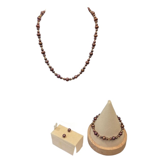 Vintage 14k Gold Chocolate Brown Freshwater Pearl Set Necklace Bracelet & Stud Earrings in Wood Box For Sale