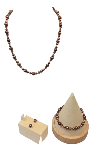 Vintage 14k Gold Chocolate Brown Freshwater Pearl Set Necklace Bracelet & Stud Earrings in Wood Box