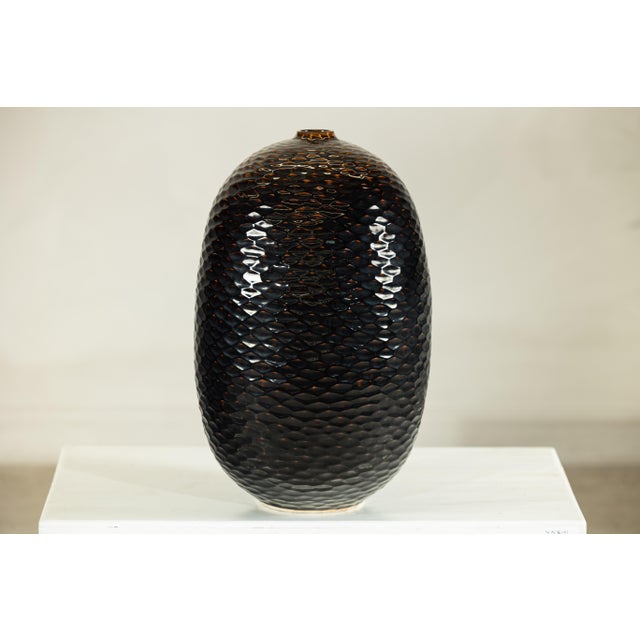 Ceramic Artisan Large Honeycomb-Textured Ceramic Vase in Deep Brown and Black Glaze For Sale - Image 7 of 18