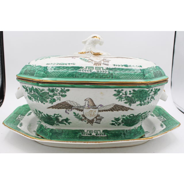 Circa 1912-49 Green Fitzhugh Chinese Export Porcelain Armorial Tureen, Cover & Undertray. Made for export to America -...