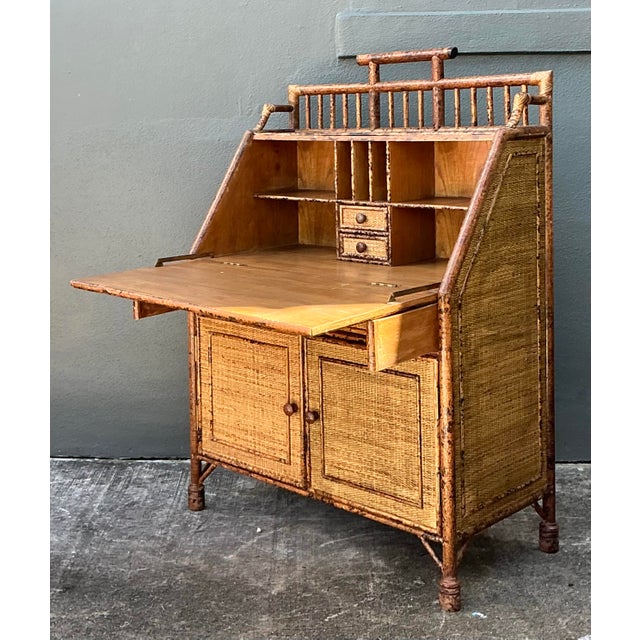 Camel Vintage Tortoise Burnt Rattan Drop Front Desk For Sale - Image 8 of 12