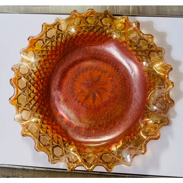 Vintage Indiana Carnival Marigold Ruffled Diamond Cut Plate For Sale In Houston - Image 6 of 6