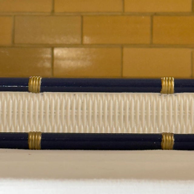 Vintage Palm Beach Regency Chinoiserie Blue and White Faux Bamboo and Wicker Wall Mirror With Gilt Accents Dorothy Draper Style - Newly Painted For Sale In Mobile - Image 6 of 10