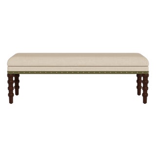 Bunny Williams Home Olive Tape Bench in Sea Foam Performance Woven Fabric - Sample For Sale