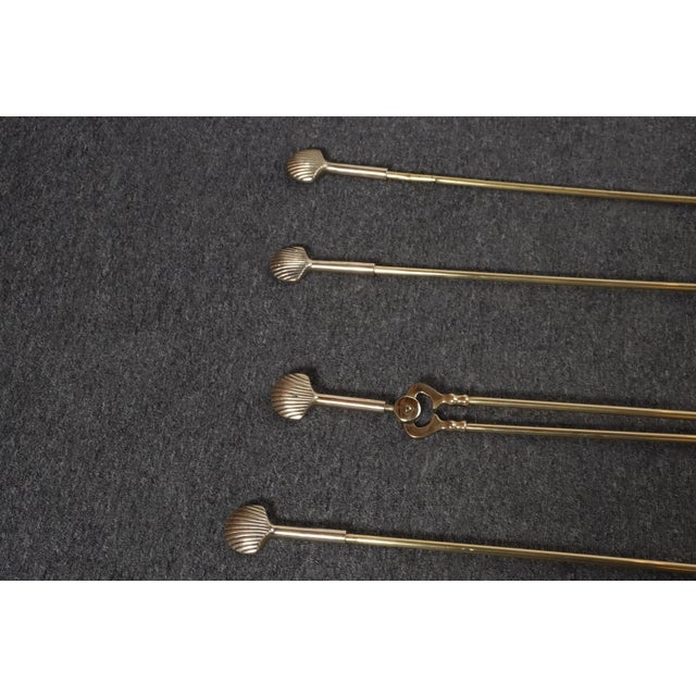 Brass Hollywood-Regency Style Brass Fireplace Tool Set With Seashell Handles and Pan For Sale - Image 8 of 18