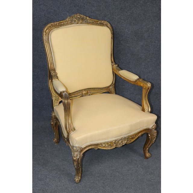 Wood 19th C Pair French Louis XV Yellow Carved Giltwood Armchairs For Sale - Image 7 of 17