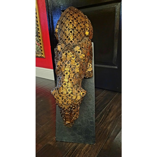 1990s 1990s Large Scale Geometric Metal Gold Patina Pouncing Leopard Sculpture on Black Plinth For Sale - Image 5 of 9