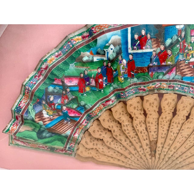 19th Century Chinese Export Fan With Finely Pierced Boxwood Sticks and Hand-Painted Scene, Framed For Sale - Image 4 of 9