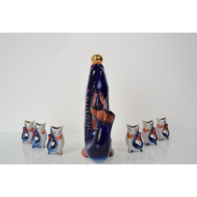 Blue Soviet Fish Decanter and Porcelain Shots Glass, 1950s, Set of 7 For Sale - Image 8 of 12