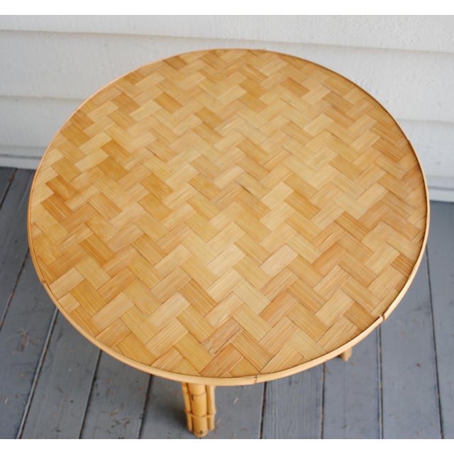 Mid-Century Modern Vintage Rattan Bamboo Round Accent Table Woven Top 1960's For Sale - Image 3 of 4