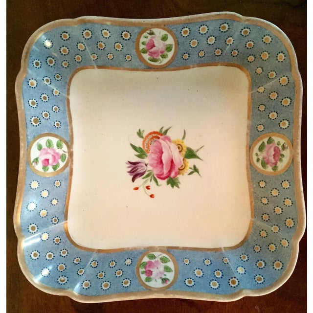 Early 19th Century English Coalport Porcelain Square Dessert Dish Plates Baby Blue with Pink Roses 1810 - A Pair For Sale - Image 9 of 11