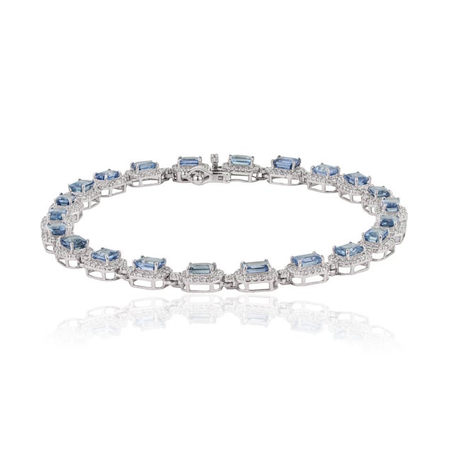 Metal Modern 14k Gold Tennis Bracelet 5.55ct Blue Sapphire & 1.54ct Diamond Halo For Sale - Image 7 of 18