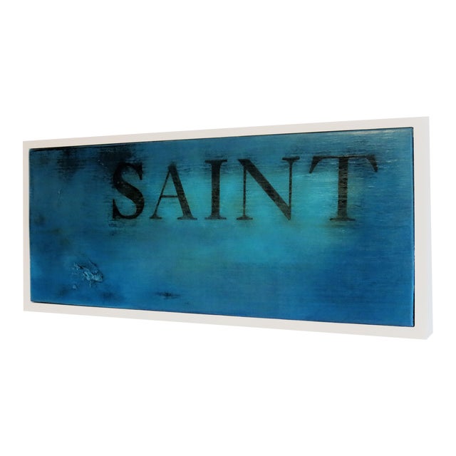 Saint, Aqua Blue. Oil on Antique Reclaimed Wood. For Sale