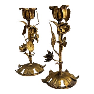 Hollywood Regency Era Italian Gilt Tole Metal Floral Candlesticks - Pair For Sale