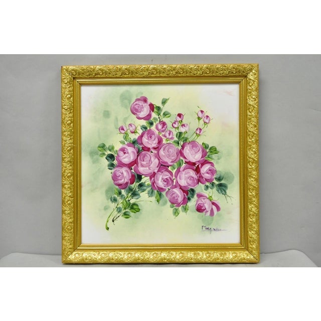 Late 20th Century Mary Wilson French Hand Painted Porcelain Plaque Pink Rose Flower Painting (A) For Sale - Image 16 of 17