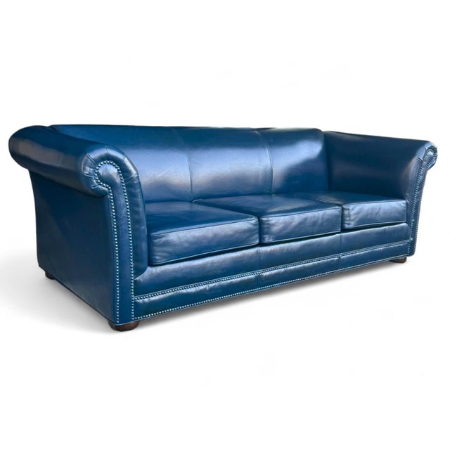 English 1960s Navy Blue Leather Roll-Arm Sofa With Brass Nailhead Trim and Wooden Bun Feet For Sale - Image 3 of 12