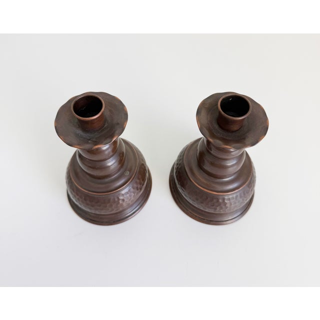 Mid-Century Modern Scandinavian Hammered Copper Candle Holders, Mid-20th Century - A Pair For Sale - Image 3 of 10