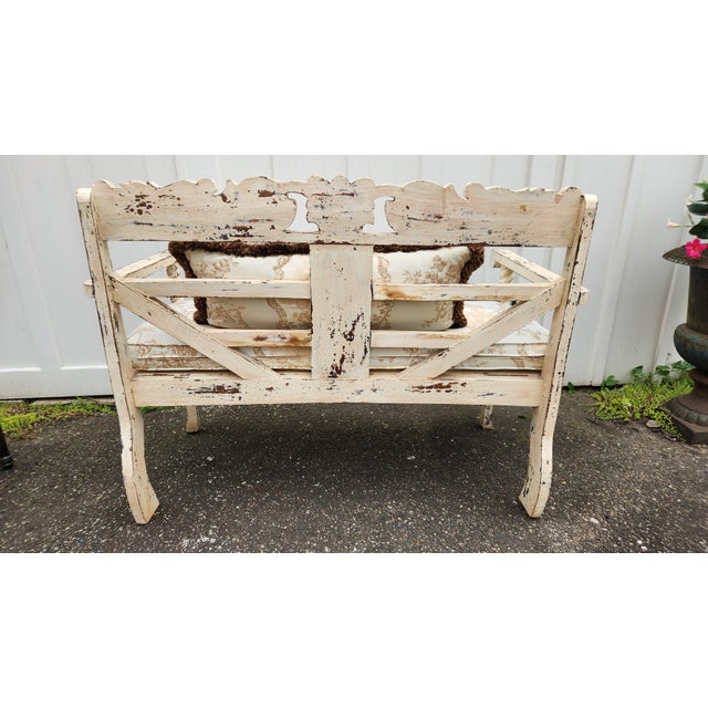 1970s Vintage French Country Distressed Cream Painted Carved Wood Settee With Custom Toile Cushion For Sale - Image 5 of 15