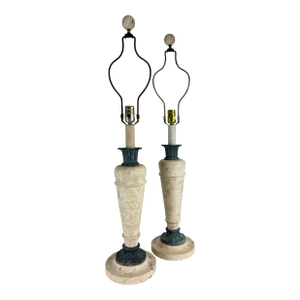 Handsome Vintage Solid Italian Travertine & Bronze Classical Lamps/a Pair