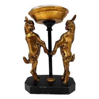 1920s Art Deco Twin Goat Brass Pedestal Ashtray W Glass Insert, Ronson Art Metal Works For Sale