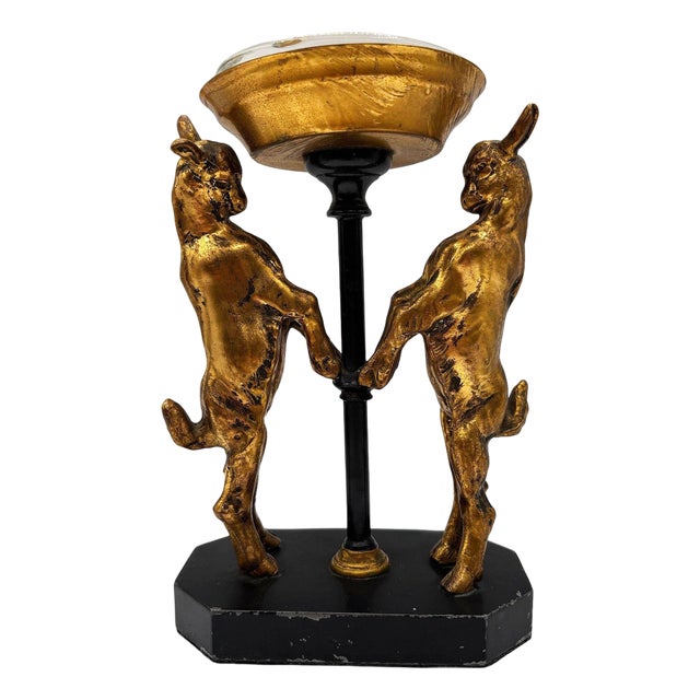 1920s Art Deco Twin Goat Brass Pedestal Ashtray W Glass Insert, Ronson Art Metal Works For Sale