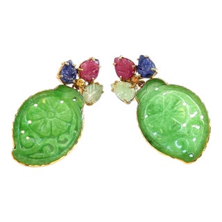 Bochic “Orient” Jade & Ruby, Emerald Sapphire Earrings Set in 18k Gold & Silver - 2 Pieces For Sale