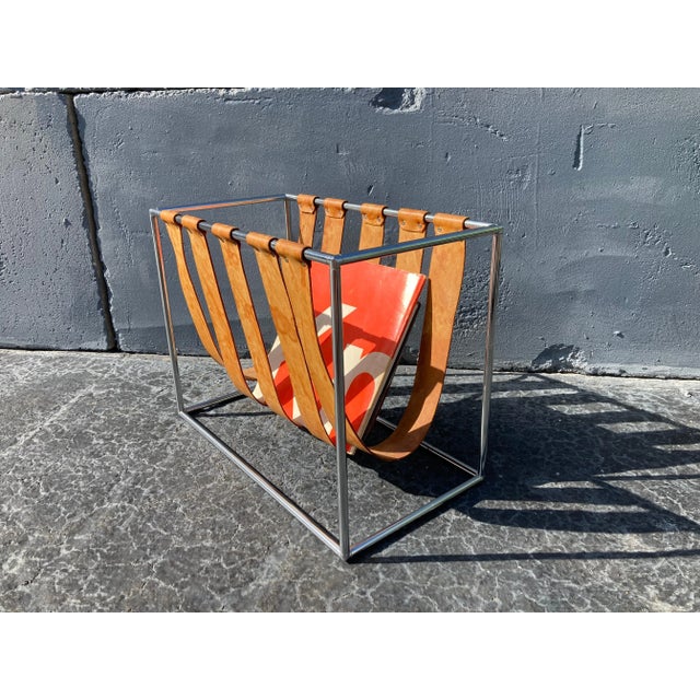1970s Cognac Saddle Leather & Chrome Magazine Rack For Sale - Image 10 of 13
