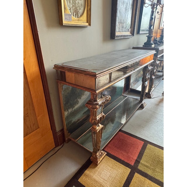 1930s 1930s Hollywood Regency Eglomise Mirrored 2 Drawer Console With Hand Painted Back Panel. Style Maison Jansen Paris For Sale - Image 5 of 12