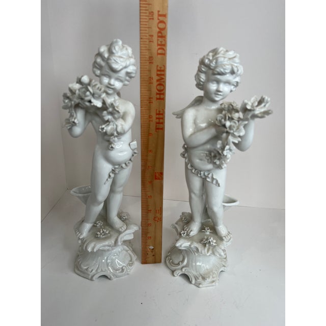 Capodimonte Mid-Century Italian Porcelain Cherub Figures With Floral Garlands Vases a Pair For Sale - Image 4 of 15