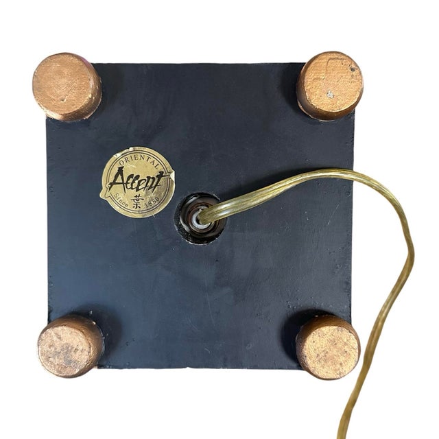 Chinoiserie, Hand Painted Directoire / Candlestick Black and Gilt / Gold, Ebonized Tole / Toleware Style Table Lamp For Sale In Dallas - Image 6 of 6