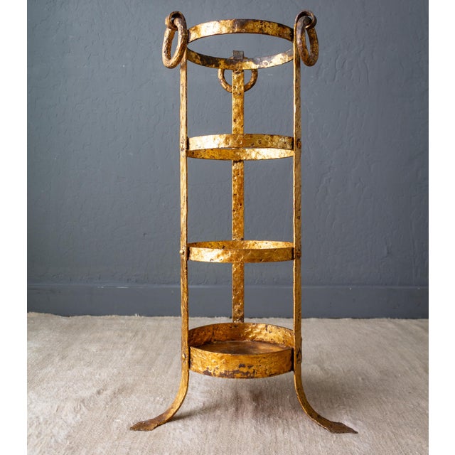 Neoclassical Umbrella Stand of Gilded and Hammered Iron on Footed Base For Sale - Image 11 of 18