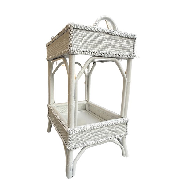 Chippendale Vintage White Woven Rattan 2-Tier Bar Cart/Accent Table For Sale - Image 3 of 6