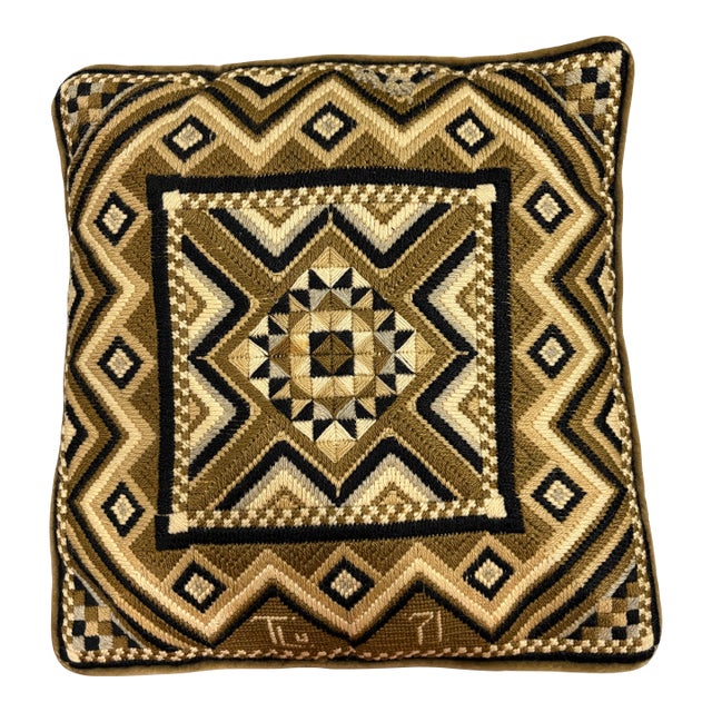 Vintage 1971 & Signed Bargello Pillow - Handmade of Wool and Velvet by Textile Artist T. Lu Nixon For Sale