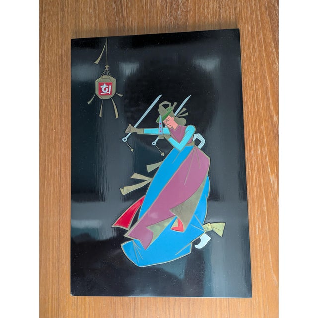 Black Vintage Korean Mother-of-Pearl Lacquer Plaque "Sword Dance" by Minye Art — 1970s For Sale - Image 8 of 10