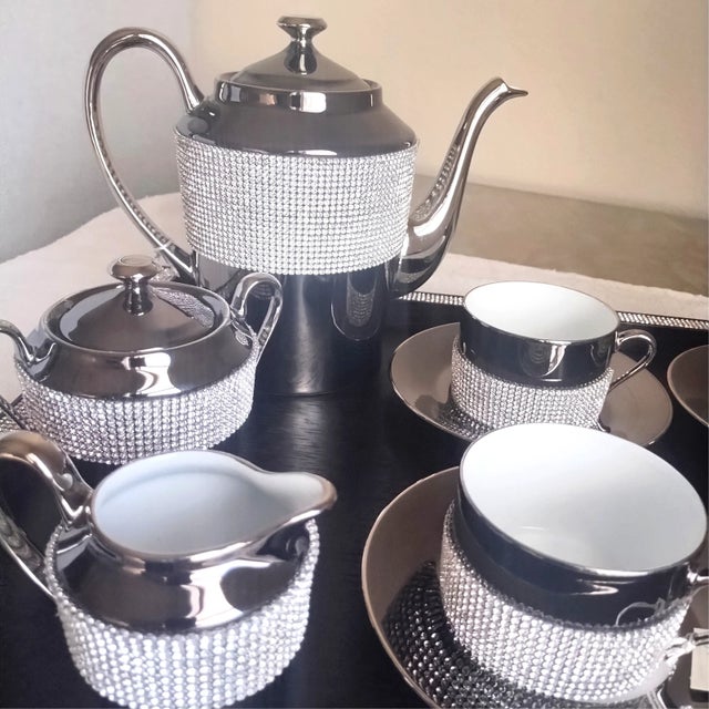 Sophie Villepigue Paris Platinum Limoges Swarovski Crystal Tea Coffee Set & Tray - Service for 4 For Sale - Image 11 of 17