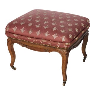 Antique French Style Carved Walnut & Upholstered Foot Stool, C1920 For Sale